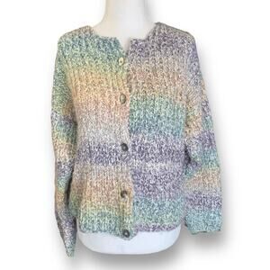 Vintage Pastel Ombre Hand Knit Cardigan Chunky Cropped Sweater Rainbow Cozy